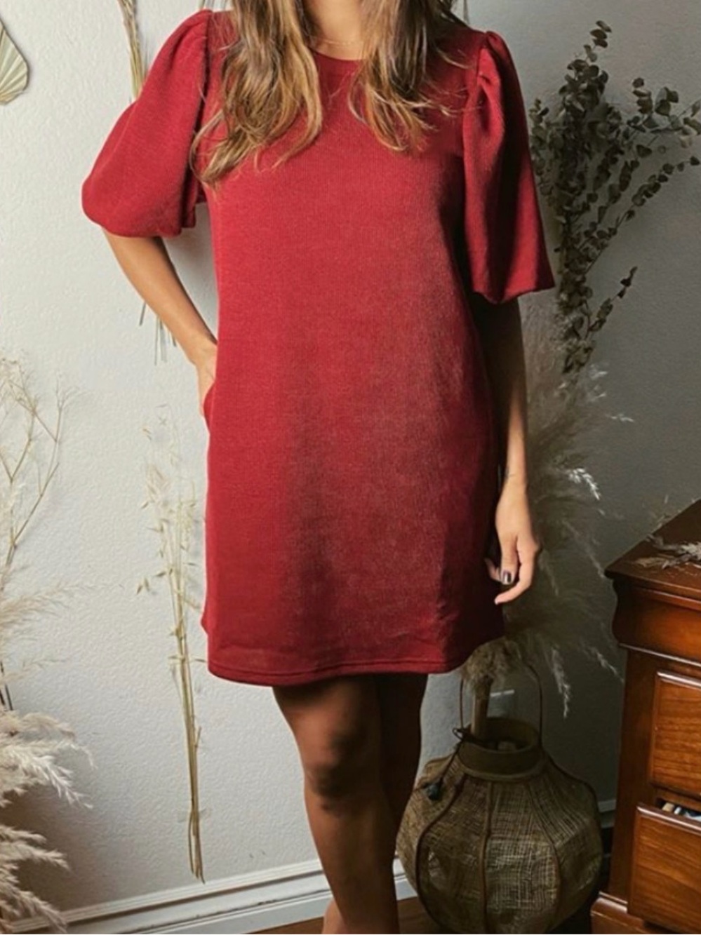 Very J Rust Red Puff-Sleeve Mini Dress